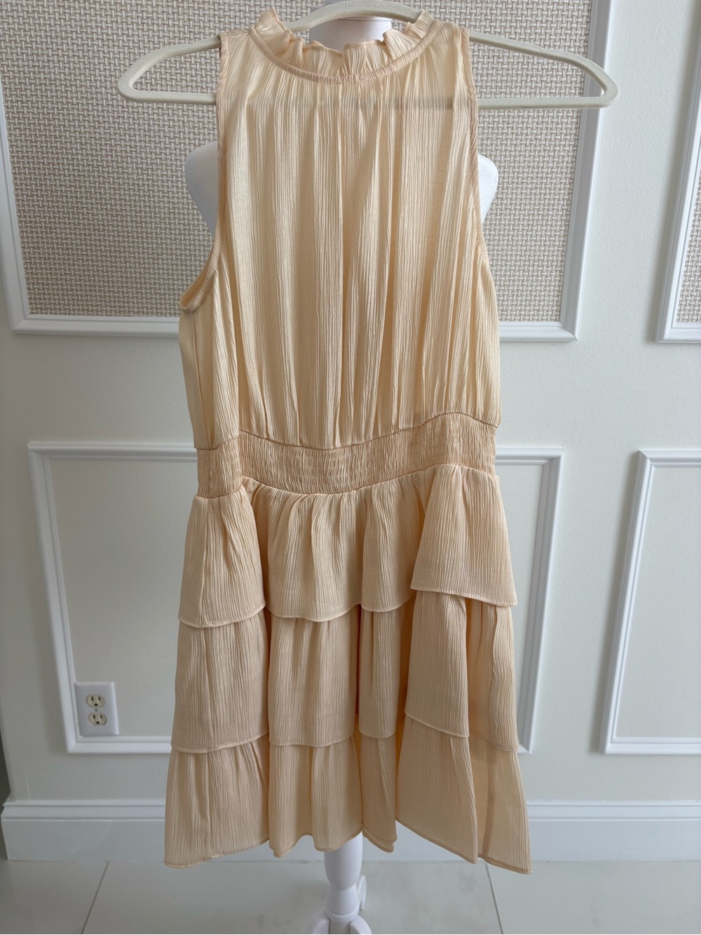 Tiered ruffle metallic dress in flattering flowy party-girl vibe.